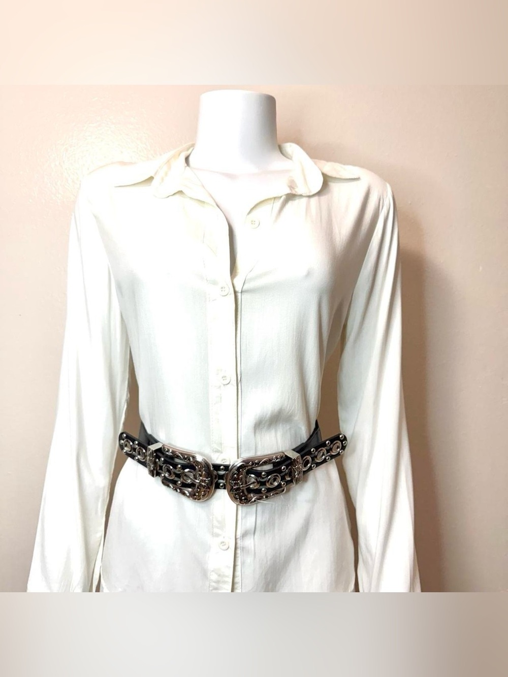 Black PU studded leather silver tone chunky double buckle elastic waistband belt - Picture 2 of 6